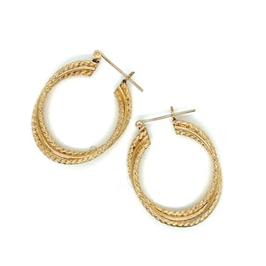 Vintage 14k yellow gold pair oval ribbed textured pattern hoop earrings