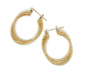 Vintage 14k yellow gold pair oval textured hoop earrings