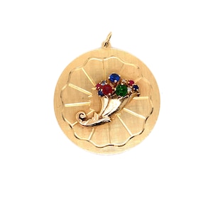 Vintage 14k Gelbgold große Scheibe Charm mit Strauß der Farbe SteinBlumen