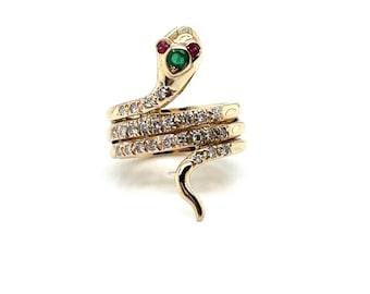 Vintage 14k yellow gold Diamond Snake Ring with Emerald and Rubies