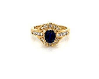 Vintage 18k Yellow Gold Sapphire and Diamond Statement Ring