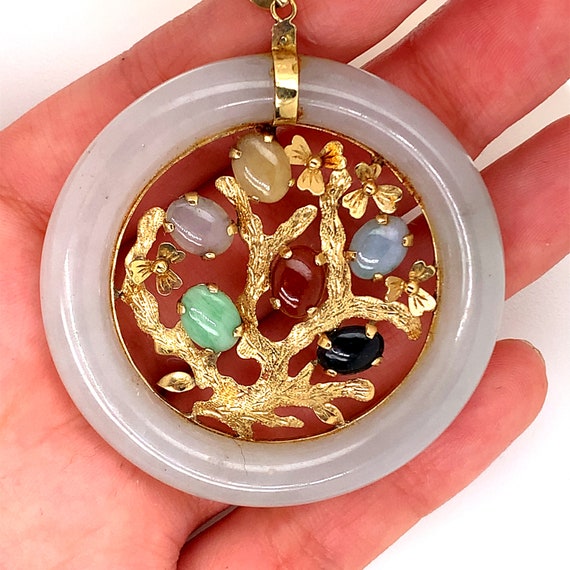 Vintage 14K Yellow Gold Tree of Life with Jade Ci… - image 2