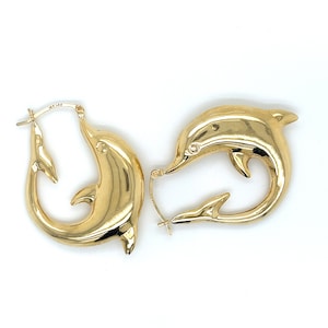 Vintage 14k Yellow Gold Large Dolphin Hoop Earrings