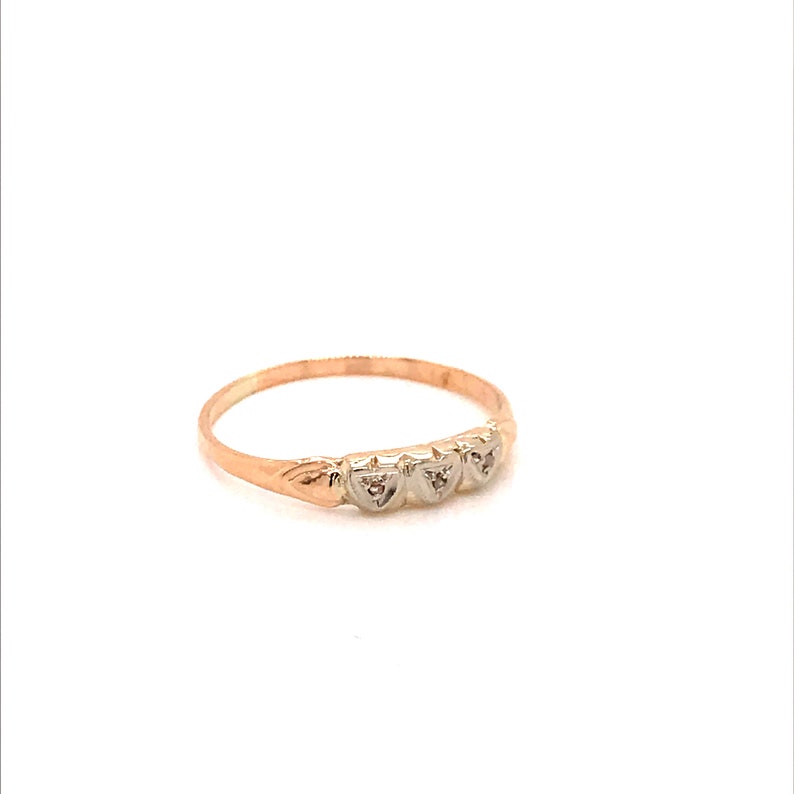 Vintage 1940/'s 14k two tone 3 rose cut diamonds in heart setting wedding band