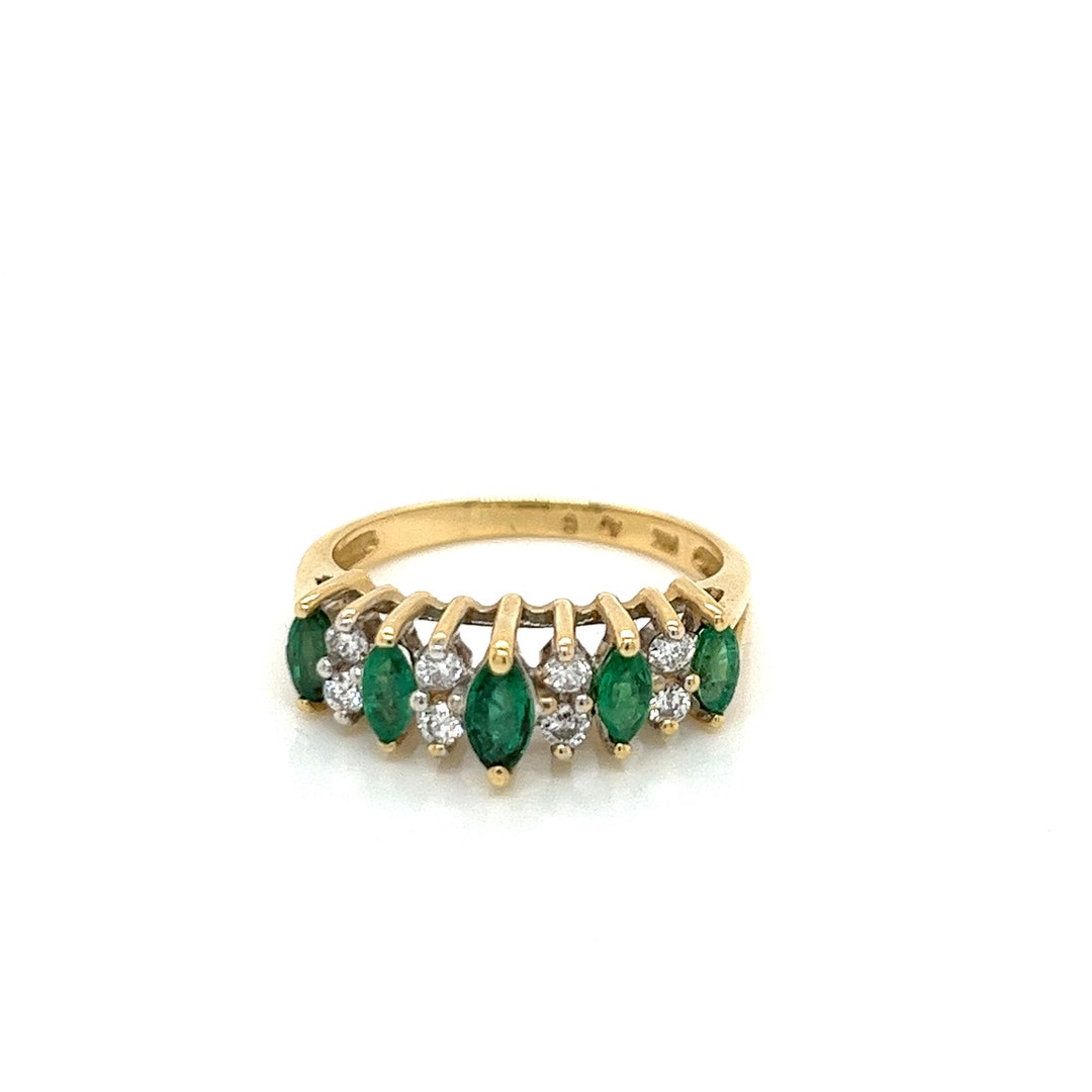 Vintage 14k Yellow Gold Marquise Emerald and Diamond Statement Ring - Etsy