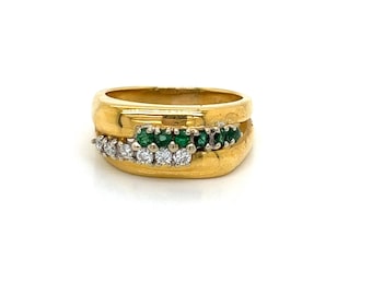 Vintage 18k Yellow Gold Emerald and Diamond Bold Gold Statement Ring