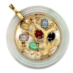 Vintage 14K Yellow Gold Tree of Life with Jade Circle and Multi Color Jade Stones Pendant Charm