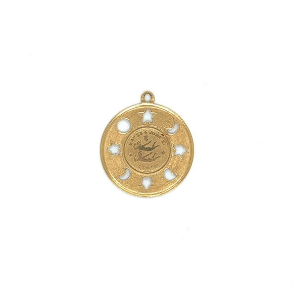 Ciondolo Gemelli vintage in oro giallo 14k con design di lune e stelle