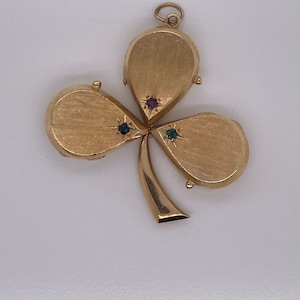 Vintage 14k yellow gold clover shamrock locket charm with genuine emerald, ruby and sapphire gemstones