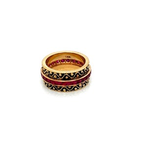 Vintage 14k Yellow Gold Wide Filigree Statement Ring with Eternity Rubies