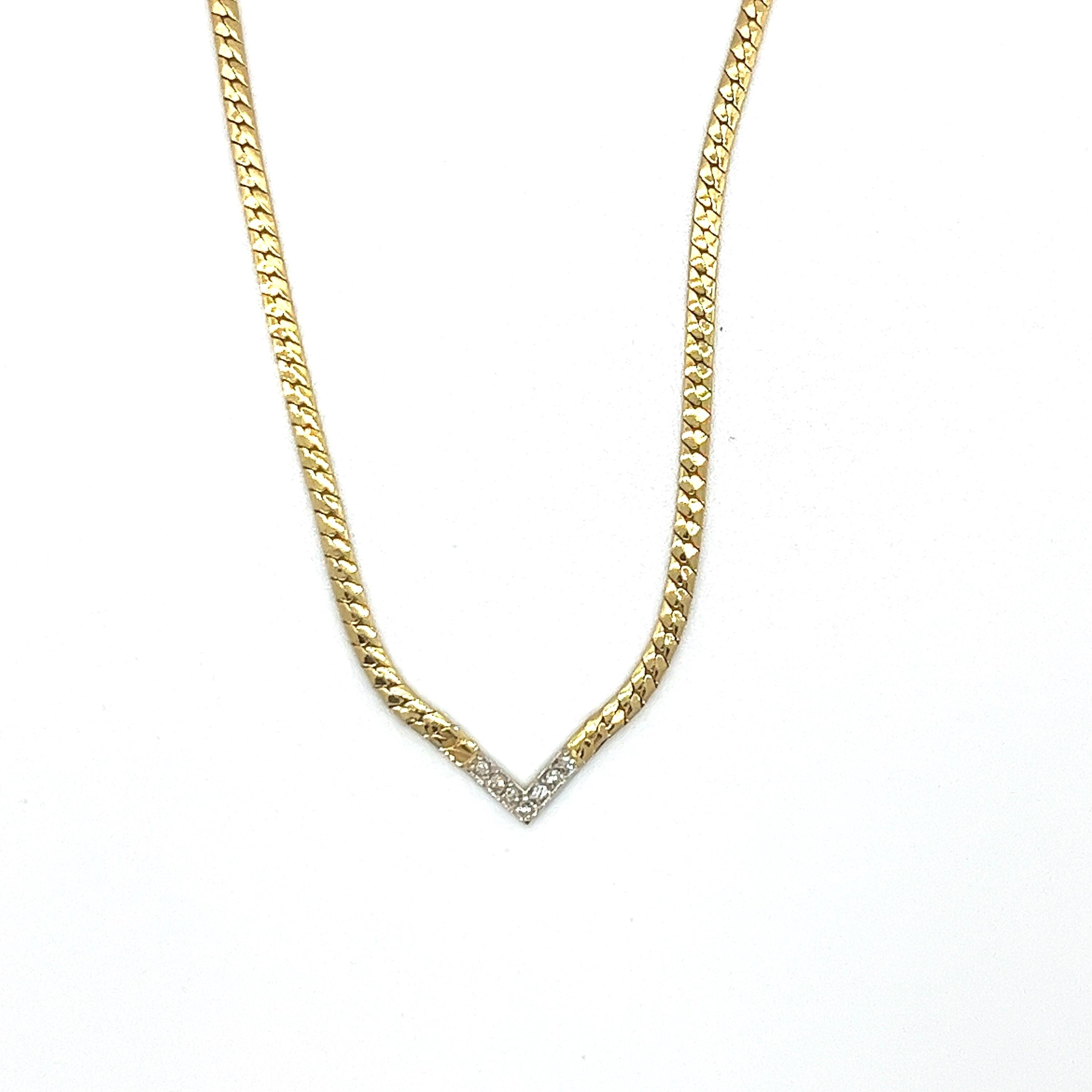 Vintage 14k Yellow Gold Diamond V Center Choker Necklace
