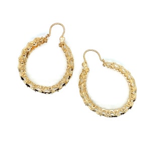 Vintage 14k yellow gold pair wide diamond shape textured filigree hoop earrings