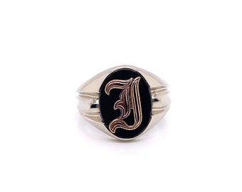 Vintage 10k white gold with 10k yellow gold initial I onyx ring