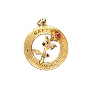 Vintage 14k yellow gold happy anniversary rose round charm