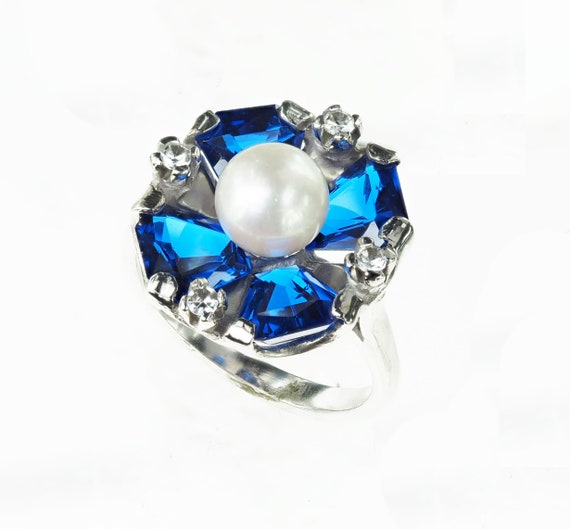 Vintage 1950's 10k White Gold Blue Flower Stone R… - image 4