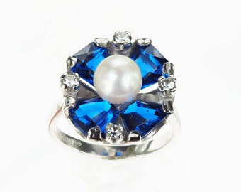 Vintage 1950's 10k White Gold Blue Flower Stone Ring