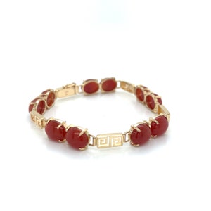 Vintage 14k Carnelian Gemstone and Greek Key Gold Link Bracelet