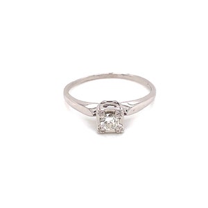 Vintage 1950&#39;s 14k white gold solitaire square miracle head diamond engagement ring .20ct
