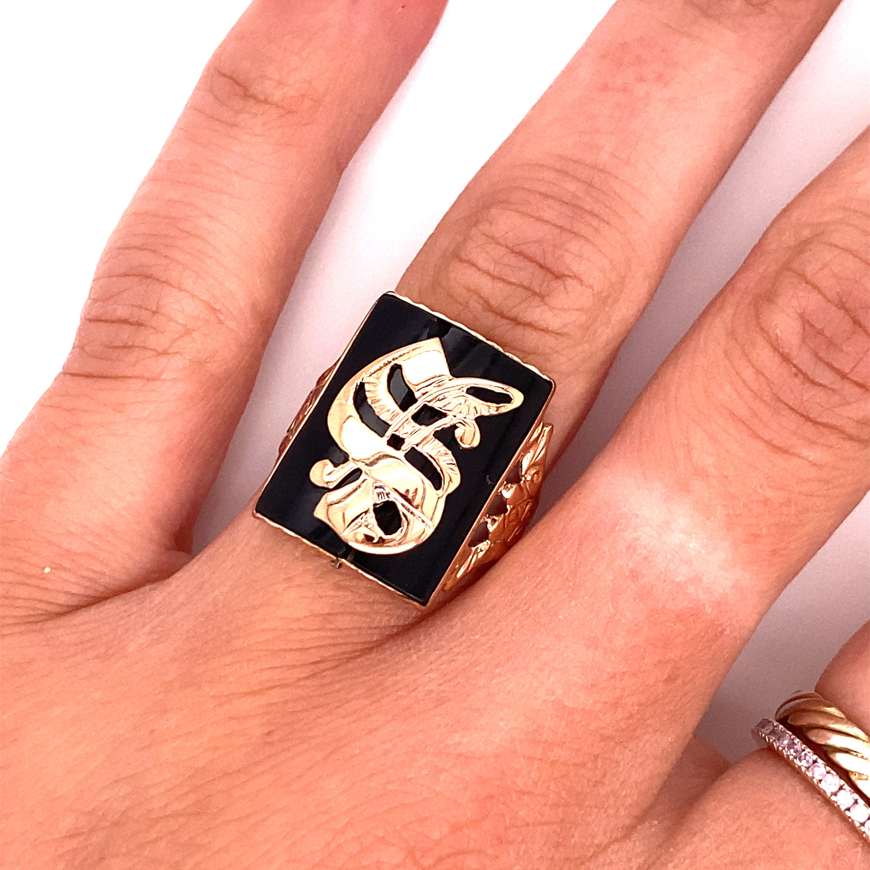 ビンテージ 10k レターリング イニシャルリング オニキス S 20号