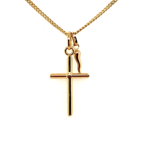 Vintage 18k yellow gold Cross and Italian Pepper on Long 18KY Curb Link Chain by Uno A Erre