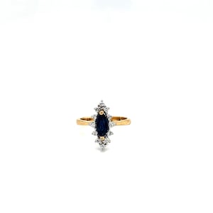 Vintage 14k Yellow Gold Marquise Sapphire Statement Ring with Diamonds