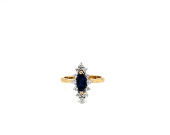 Vintage 14k Yellow Gold Marquise Sapphire Statement Ring with Diamonds