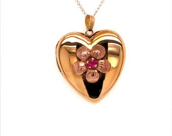 Vintage 1940&#39;s 10k rose and yellow gold flower heart locket with imitation ruby pendant necklace