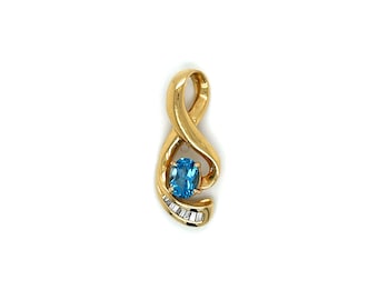 Vintage 14k Yellow Gold Blue Topaz and Diamond Slide Pendant