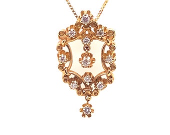 Vintage 14k yellow gold Victorian reproduction diamond pin pendant necklace