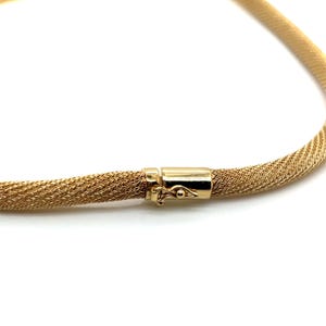 May include: A gold chain necklace with a woven mesh design and a secure clasp.