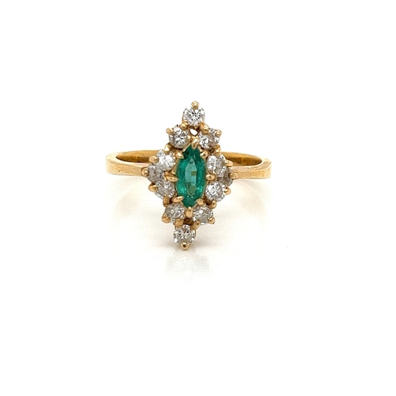 Vintage 14k yellow gold Marquise Emerald and Diam… - image 1