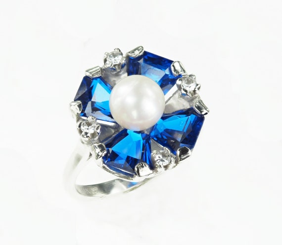Vintage 1950's 10k White Gold Blue Flower Stone R… - image 2