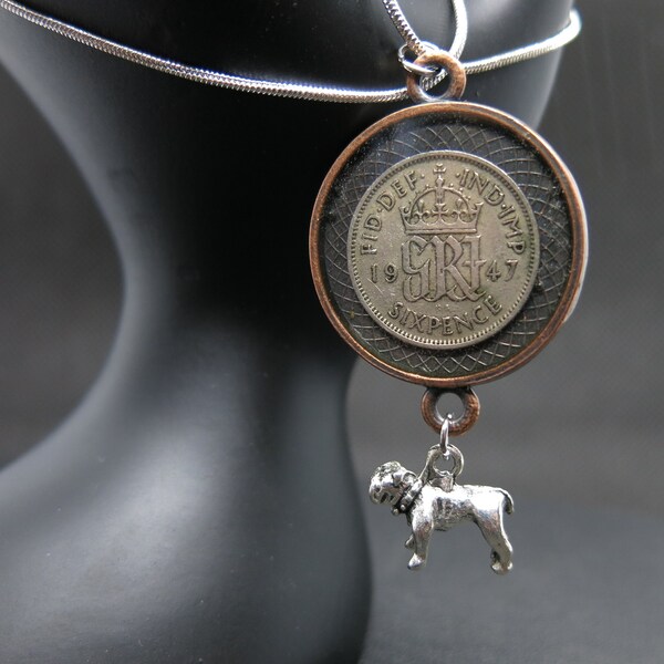 UK Lucky Six Pence Coin Necklace - King George, sixpence, England, Scotland, Wales, N Ireland, Bulldog, Bull dog