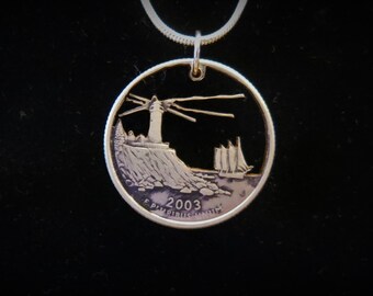 Maine State Quarter Hand Cut Lighthouse Pendant & Necklace Maine State Quarter Hand Cut Lighthouse Pendant & Necklace