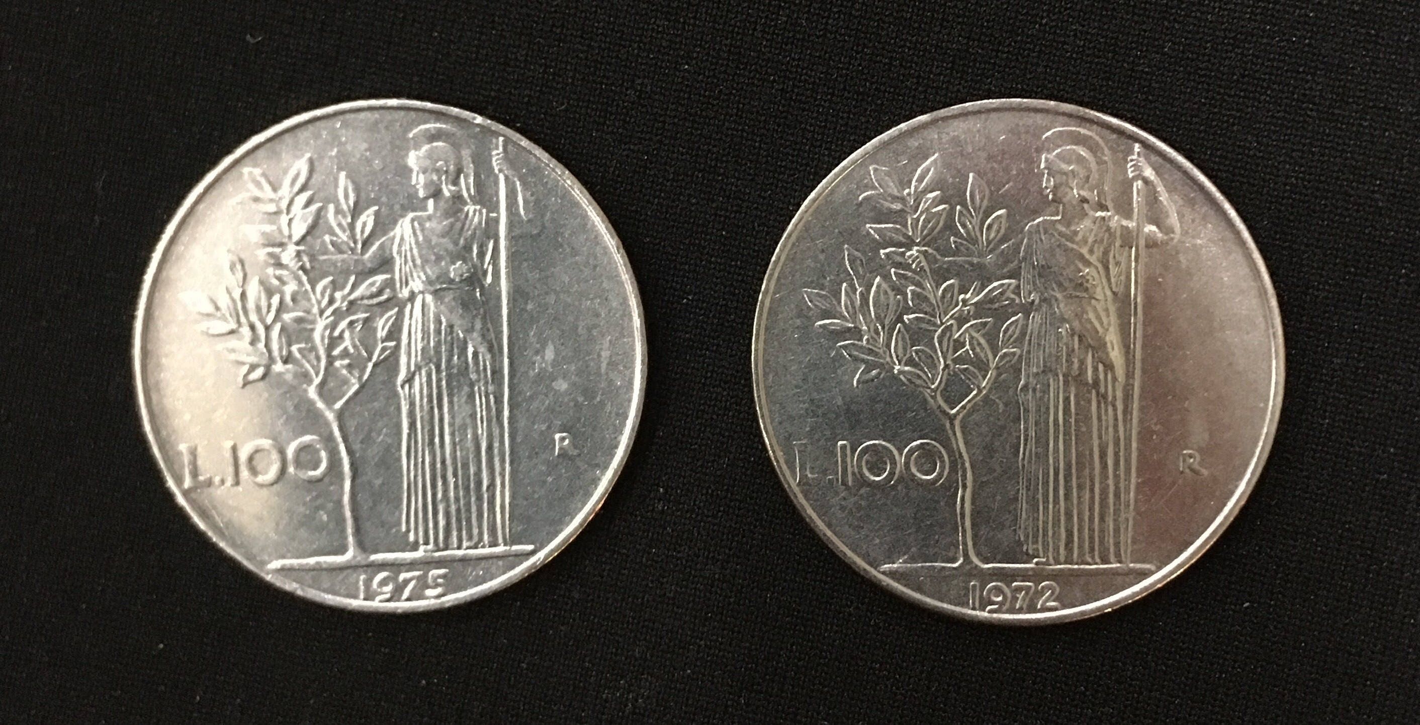 1972年および1975年 100リラ イタリア通貨; チェントリラ