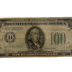 1934 D One Hundred Dollar Bill; Antique 100 Dollar Bill Federal Reserve Note