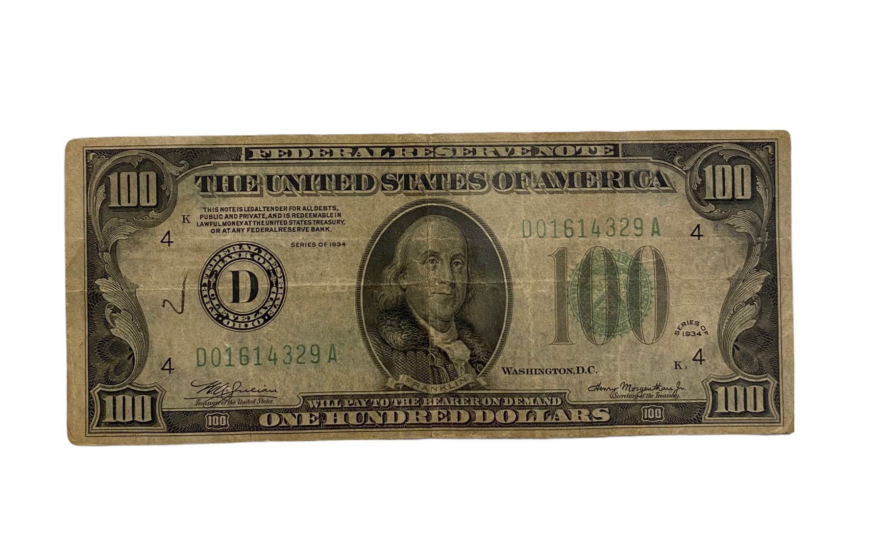 1934 D One Hundred Dollar Bill Antique 100 Dollar Bill Federal Reserve 