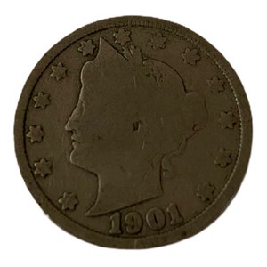 1901 Liberty Head V Nickel; 5 Cent Coin; 1900&#39;s Half Dimes