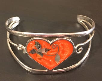 Vintage Silver Heart &Rose Enamel Cuff Bracelet