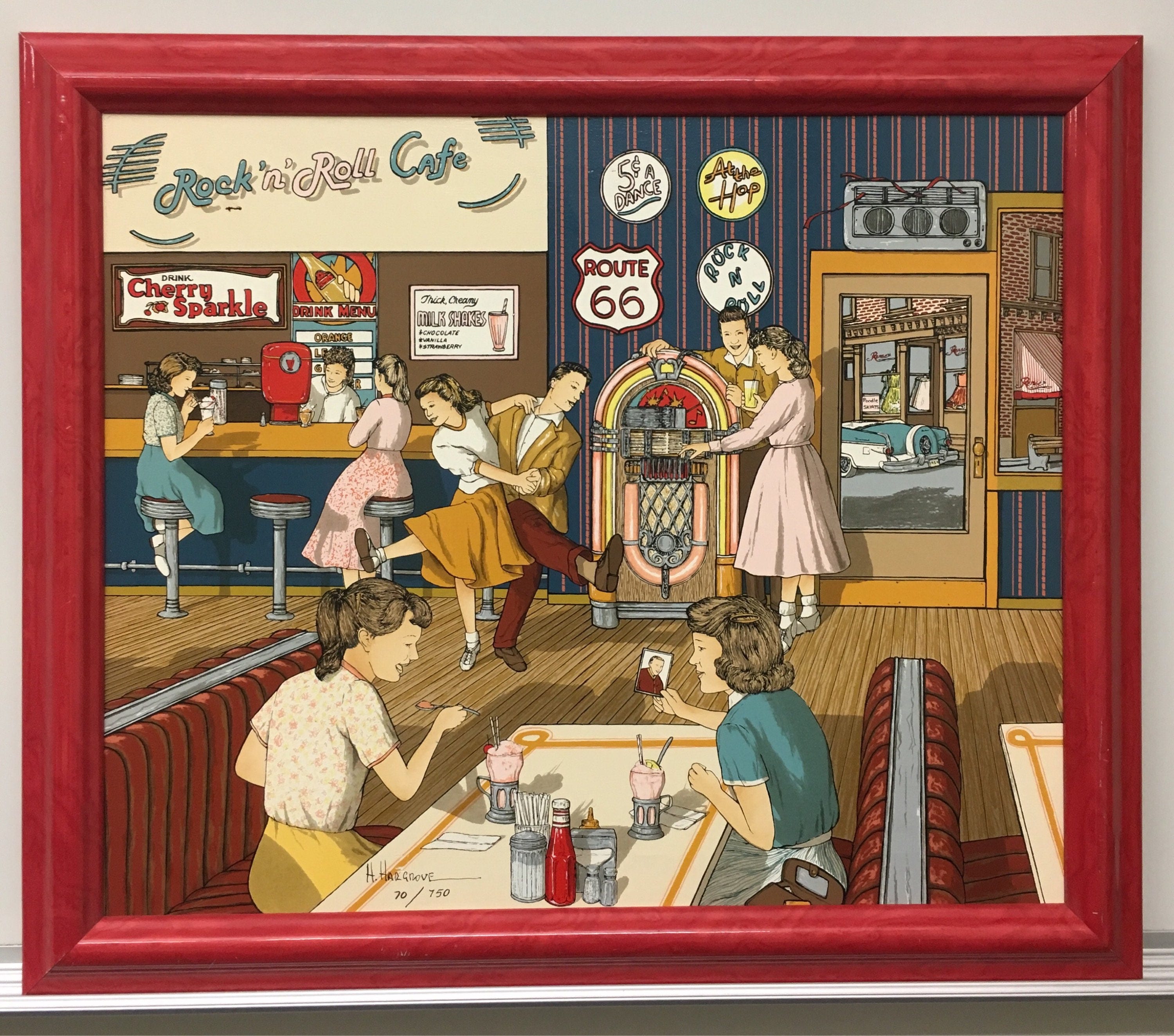 H Hargrove Signed Rock N' Roll Cafe Oil Painting; Hargrove Limited