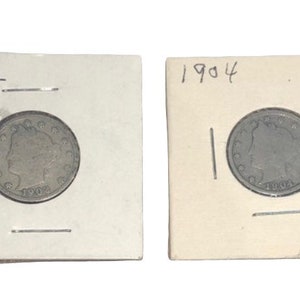 1902 & 1904 Liberty Head V Nickel; 1900&#39;s V Nickel; Antique American Currency - Set of 2