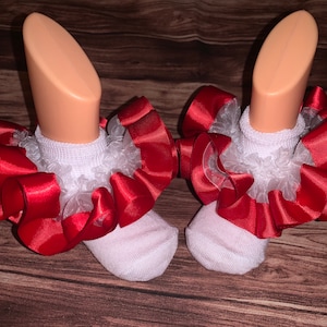 Big Red Ruffle and White Lace Socks with Satin Ribbon Trim