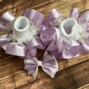 White Ruffle Socks with Lavender Satin Ribbon Trim (bow not included)