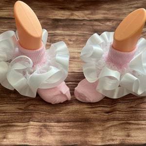 Ruffles on PINK SOCKS ONLY with any color Satin Ribbon Trim
