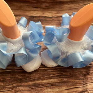 Baby Blue Satin Ribbon Trim with White Ruffle and Socks