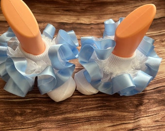 Baby Blue Satin Ribbon Trim with White Ruffle and Socks