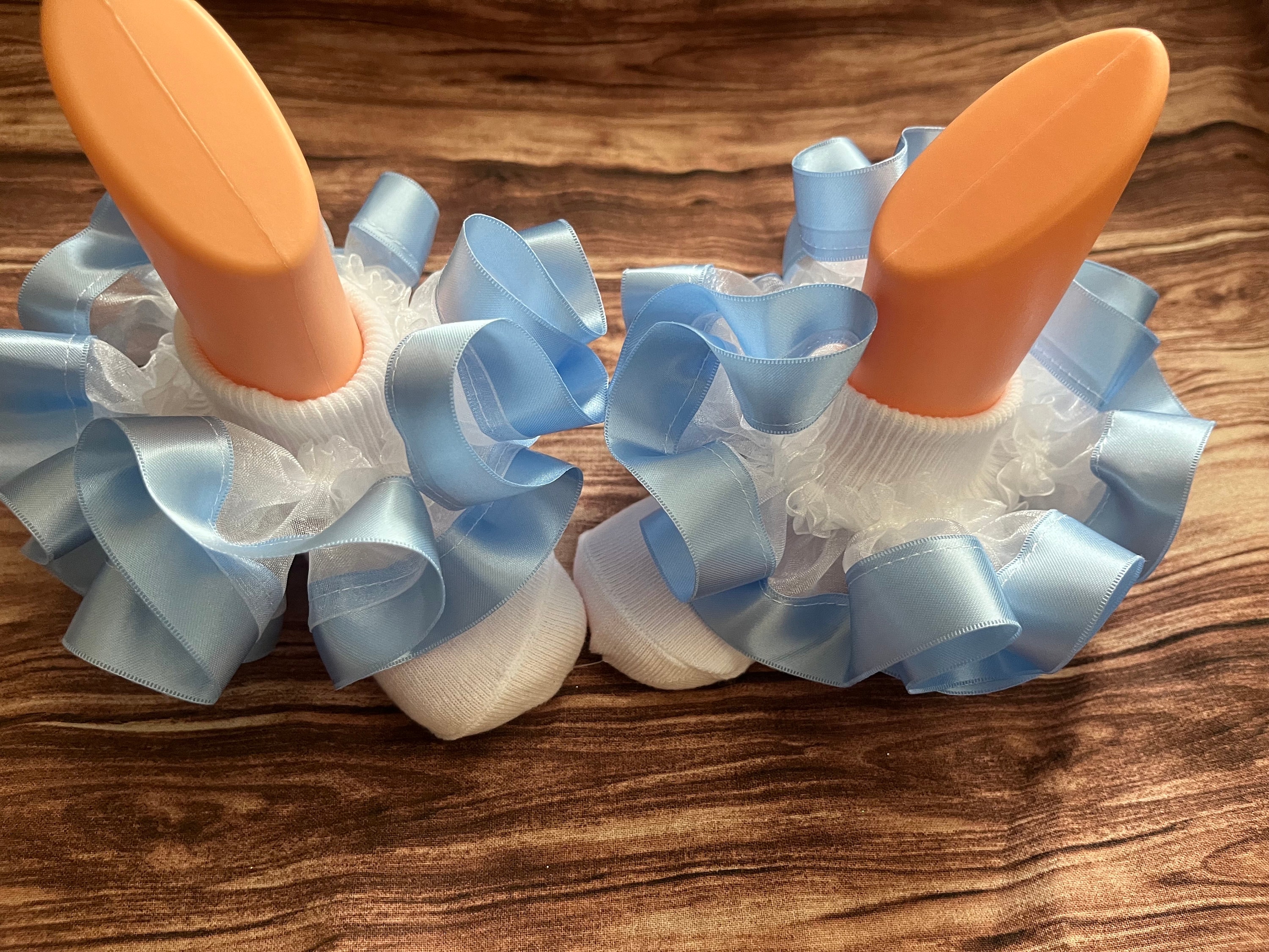 Baby Blue Satin Ribbon Trim with White Ruffle and Socks