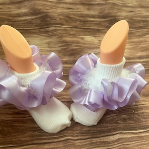 Lavender Ruffle and White Lace Socks with Satin Ribbon Trim