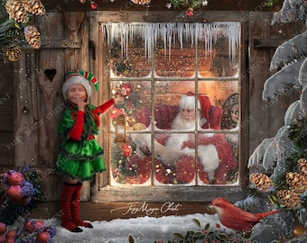 Santa's window digital background, Christmas digital backdrop, Santa is reading the list of gifts for children, great for kids photography