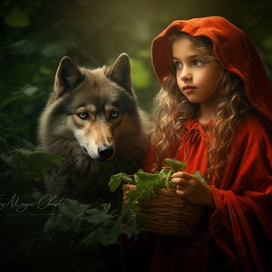 May include: A young girl wearing a red hooded cloak stands in a forest with a wolf beside her. The girl is holding a basket of green leaves. The wolf is looking at the girl.